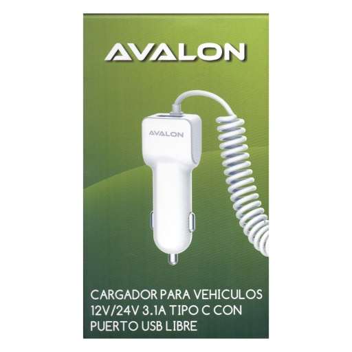 CARGADOR DE AUTO AVALON 12V 3.1A TIPO C CON PUERTO USB LIBRE